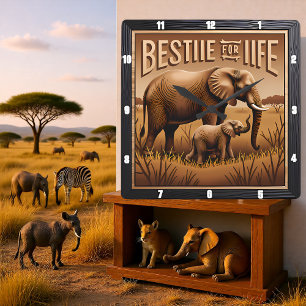 Engraved Elephant Mother Baby Tall Grass Square Wall Clock