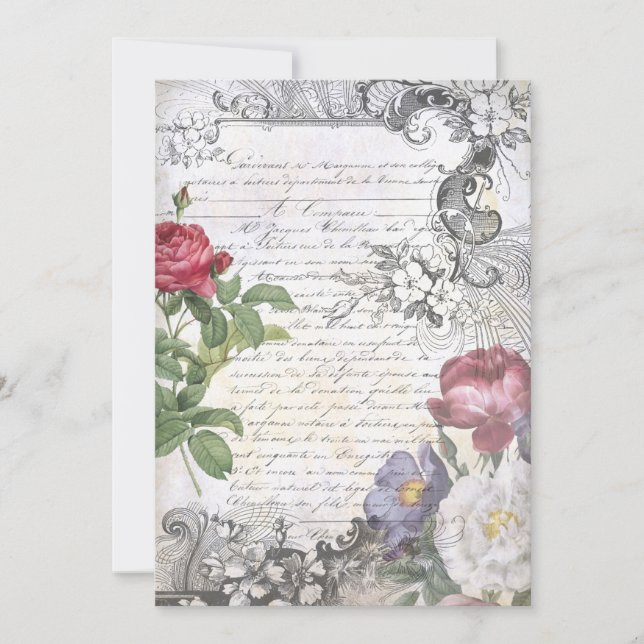 Engraved Floral French Script Ephemera Card (Front)