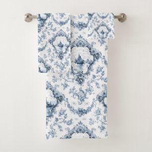 Engraved Floral Toile w/Windmill & Boats-Blue Bath Towel Set