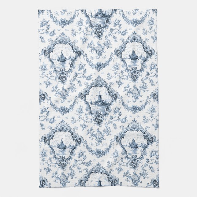 Engraved Floral Toile w/Windmill & Boats-Blue Kitchen Towel (Vertical)