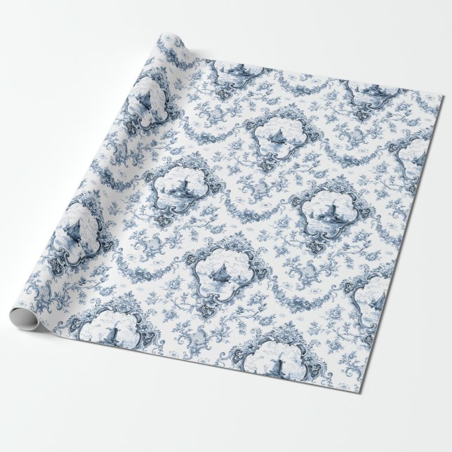 Engraved Floral Toile w/Windmill & Boats-Blue Wrapping Paper (Unrolled)