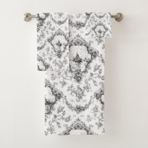 Engraved Floral Toile w/Windmill & Boats-Grey Bath Towel Set