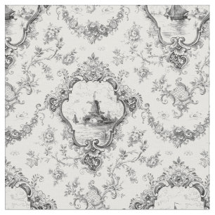 Engraved Floral Toile w/Windmill & Boats-Grey Fabric