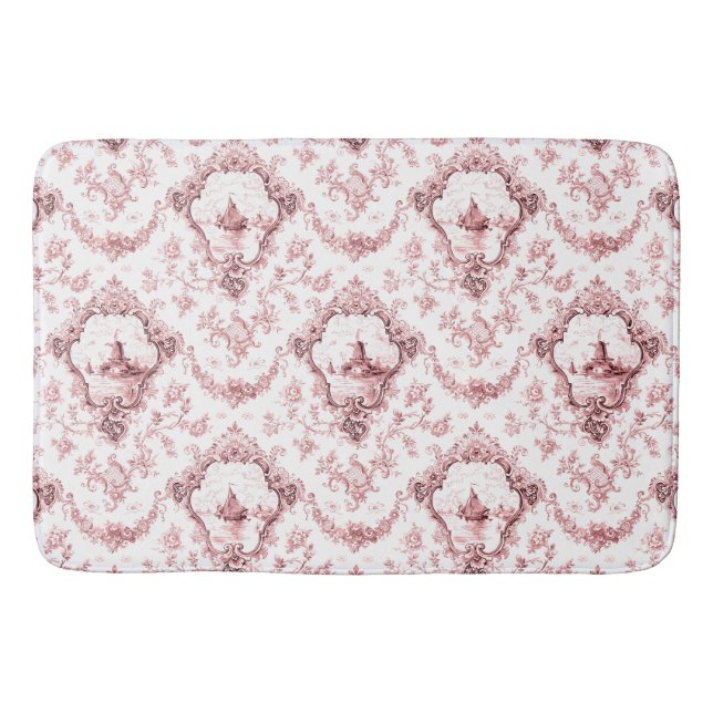 Engraved Floral Toile w/Windmill & Boats-Pink Bath Mat (Front)