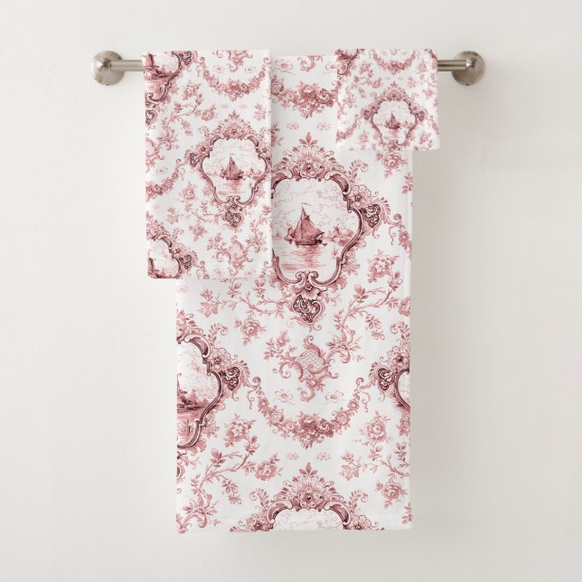 Engraved Floral Toile w/Windmill & Boats-Pink Bath Towel Set (Insitu)