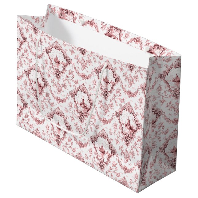 Engraved Floral Toile w/Windmill & Boats-Pink Large Gift Bag (Front Angled)