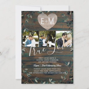 Engraved Heart Rustic Initials Wood Photo Wedding Invitation