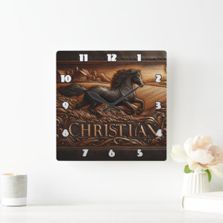 Engraved Horse Running Across Wheat Field Square Wall Clock