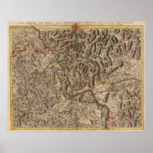 Engraved map of Rhine River Valley Poster