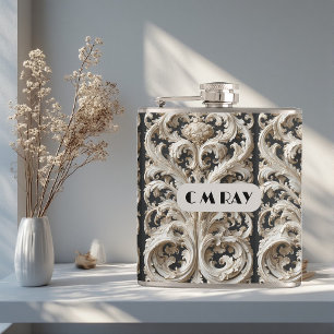 Engraved Ornate Baroque Grandeur Vintage Ivory  Hip Flask