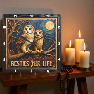 Engraved Owls Branch Full Moon Square Wall Clock