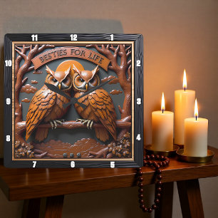 Engraved Owls Branch Orange Besties Square Wall Clock