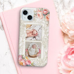 Engraved Pink Watercolor Girly Floral Two-Photo iPhone 15 Mini Case<br><div class="desc">Girly and very feminine design featuring template for two square photos centred on a delicate engraved floral border with two corner sprays of pink roses and peonies on light ecru background. Optional floral graphics can be moved,  resized or removed.</div>