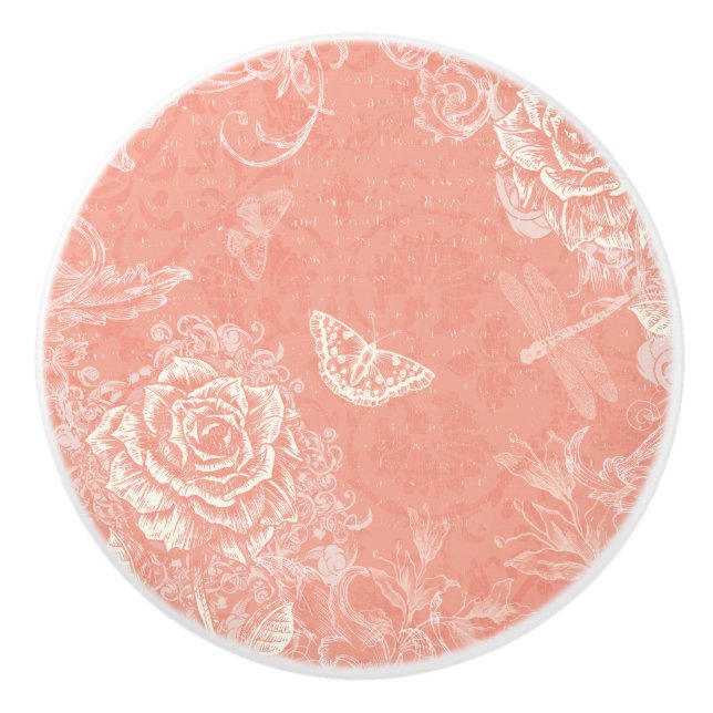 Engraved Roses, Butterflies and Dragonflies Ceramic Knob (Front)