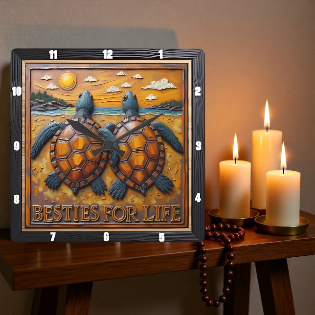 Engraved Turtle Pair Blue Shore Square Wall Clock (Creator Uploaded)