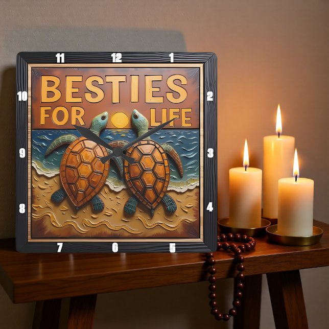 Engraved Turtle Pair Colorful Beach Square Wall Clock (Creator Uploaded)