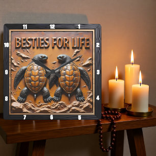 Engraved Turtle Pair Ocean Besties Square Wall Clock