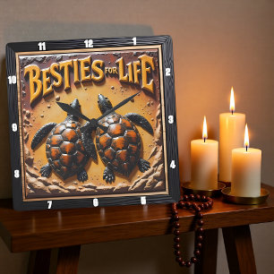 Engraved Turtle Pair Sand Besties Square Wall Clock