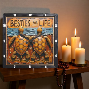 Engraved Turtle Pair Shoreline Besties Square Wall Clock
