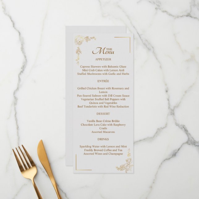 Engraving Golden Floral Wedding Menu (Front/Back In Situ)