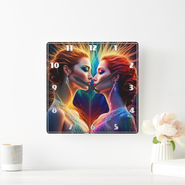 Enigmatic Duality of Animated Red-Haired Models Square Wall Clock (Home)