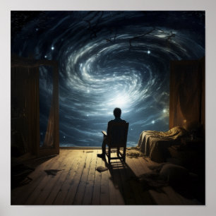 Enigmatic Flight: Surreal Poster of a Flying Figur