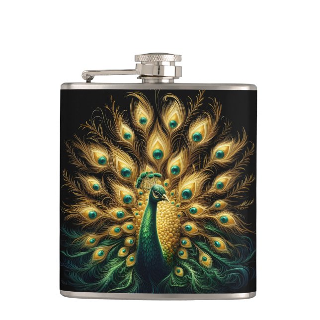 Enigmatic Peacock in Verdant Plumage Hip Flask (Front)