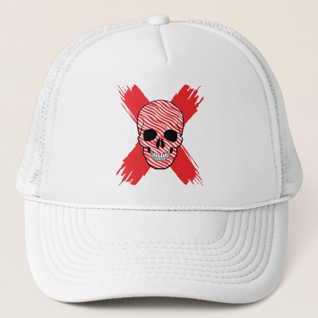 Enigmatic Smiles Camouflaged Skull with Sinister X Trucker Hat (Front)