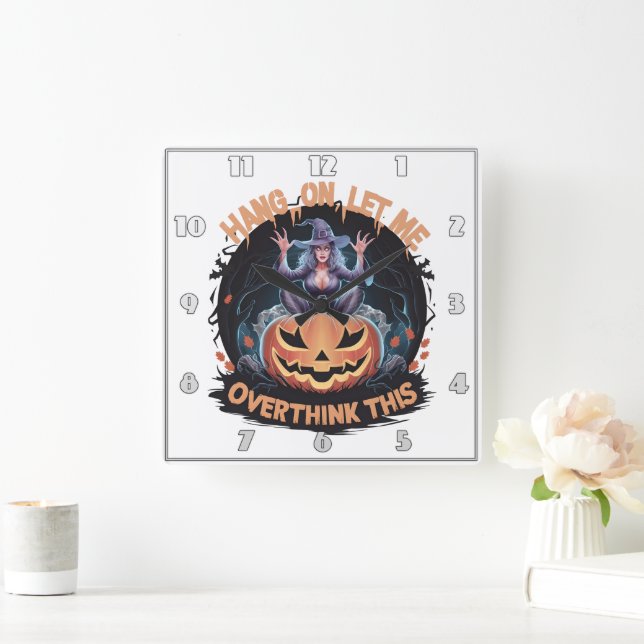 Enigmatic witch pondering atop a pumpkin at dusk square wall clock (Home)