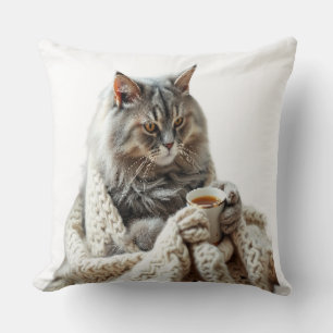 Enjoy Cat Winter Tea  Throw Pillow