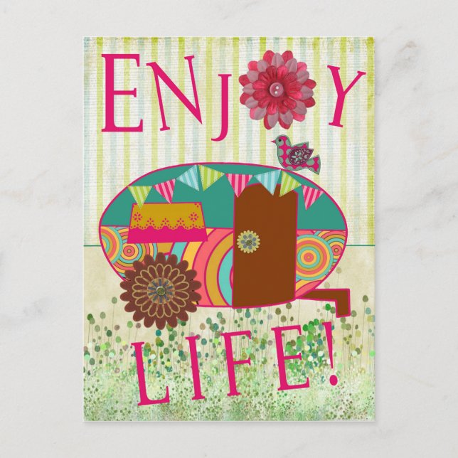 Enjoy Life Happy Camper Retro RV Trailer Postcard (Front)