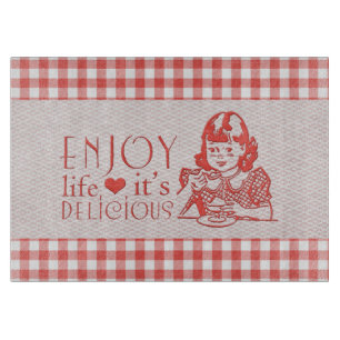 Enjoy Life It's Delicious Red Retro Gingham Cutting Board