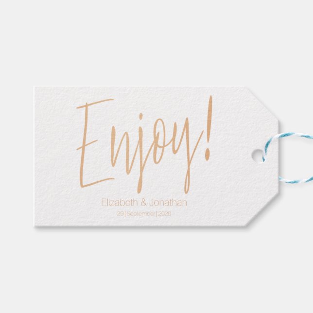 "Enjoy" Rose Gold Calligraphy Wedding Favour Tag (Front (Horizontal))