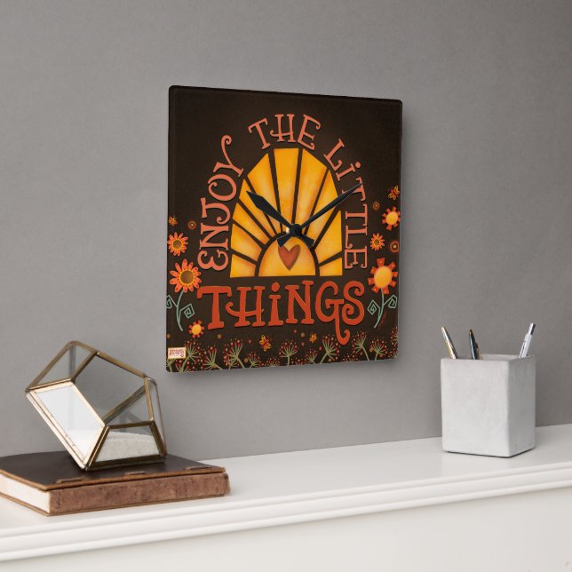 Enjoy the Little Things Inspirational Quote Sun Square Wall Clock (Office)