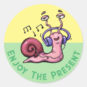 Enjoy The Present with a Snail Listening to Music Classic Round Sticker