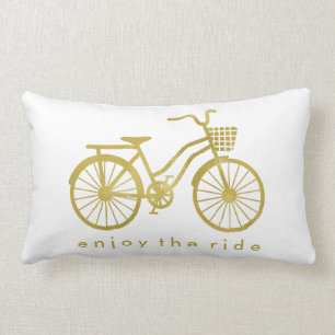Enjoy the Ride Chic Gold Bicycle on White Lumbar Pillow