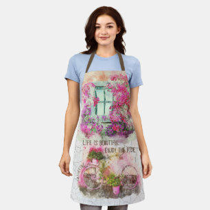 Enjoy The Ride   Watercolor Bicycle With Flowers Apron
