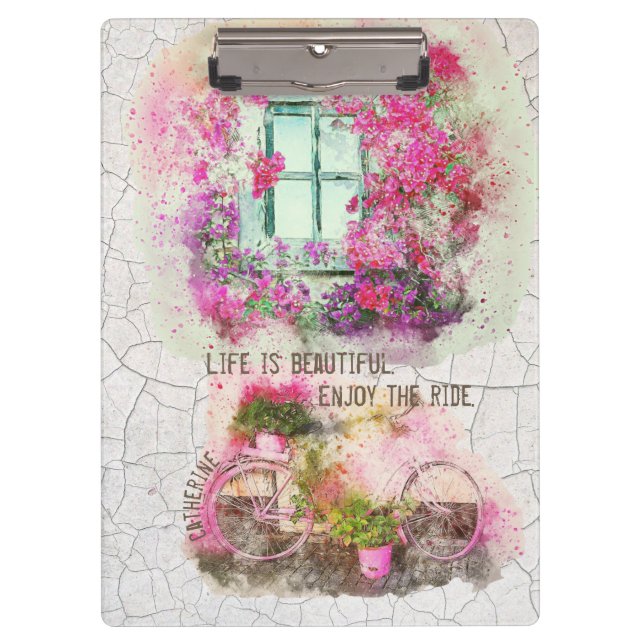 Enjoy The Ride | Watercolor Bicycle With Flowers Clipboard (Front)