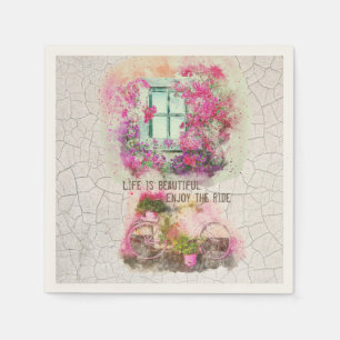 Enjoy The Ride   Watercolor Bicycle With Flowers Napkin