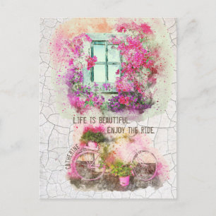 Enjoy The Ride Watercolor Bicycle With Flowers Postcard