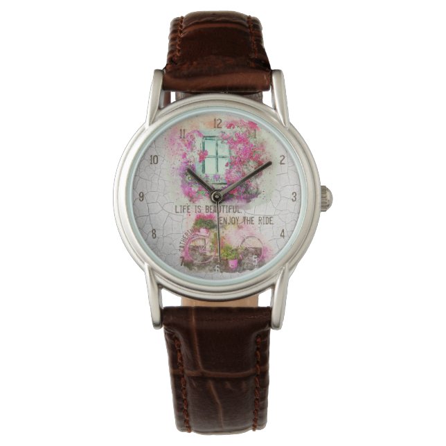 Enjoy The Ride | Watercolor Bicycle With Flowers Watch (Front)
