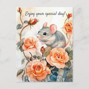 Enjoy your special day mouse and roses postcard