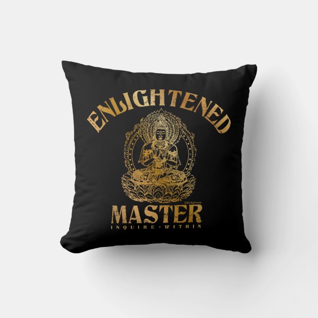Enlightened Master - Faux Gold Foil Buddha Black Throw Pillow (Front)