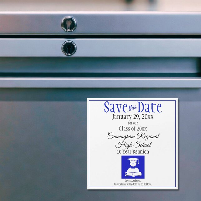 Enregistrer la carte magnétique Date High School R (custom blue and white class reunion save the date magnet)