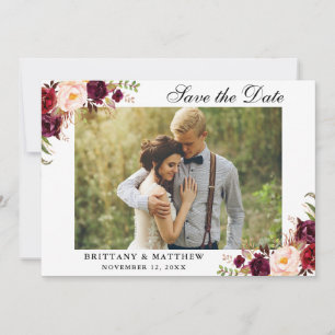 Enregistrer La Date Carte photo Floral Bourgogne