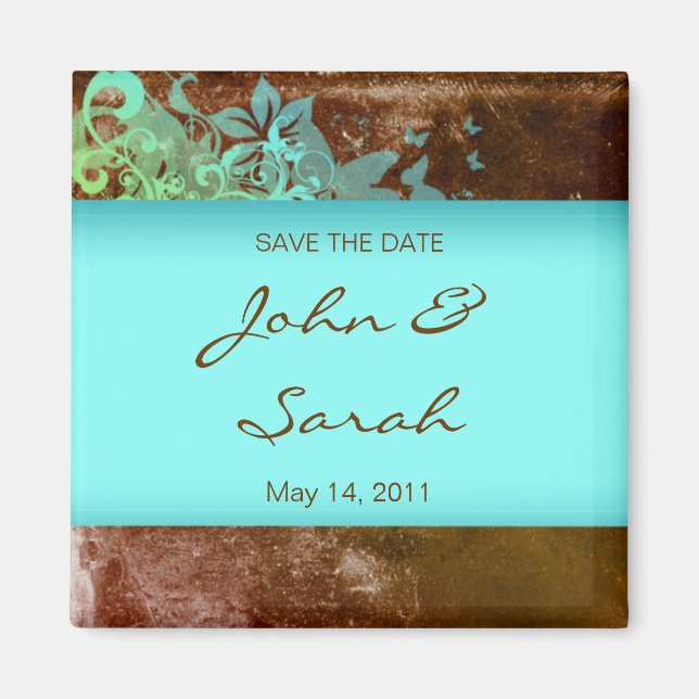 Enregistrer la date Magnet grunge floral bleu brun (Devant)