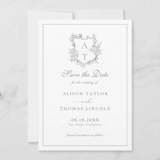 Enregistrer la date Monogram Crest Sage Carte vert (Devant)