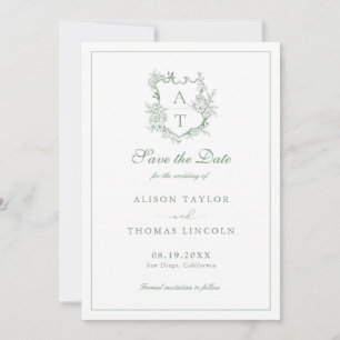 Enregistrer la date Monogram Crest Sage Carte vert