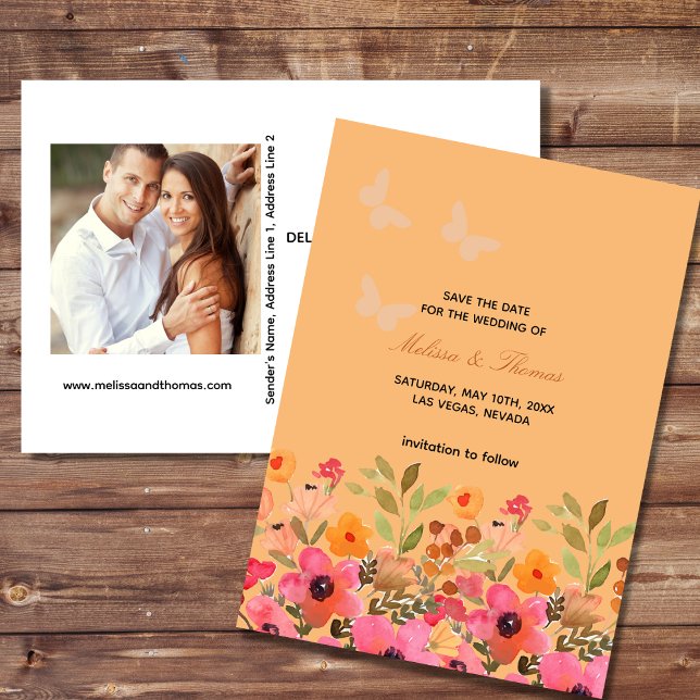 Enregistrer La Date Photo Invitation Pink Peach Fl (Créateur téléchargé)