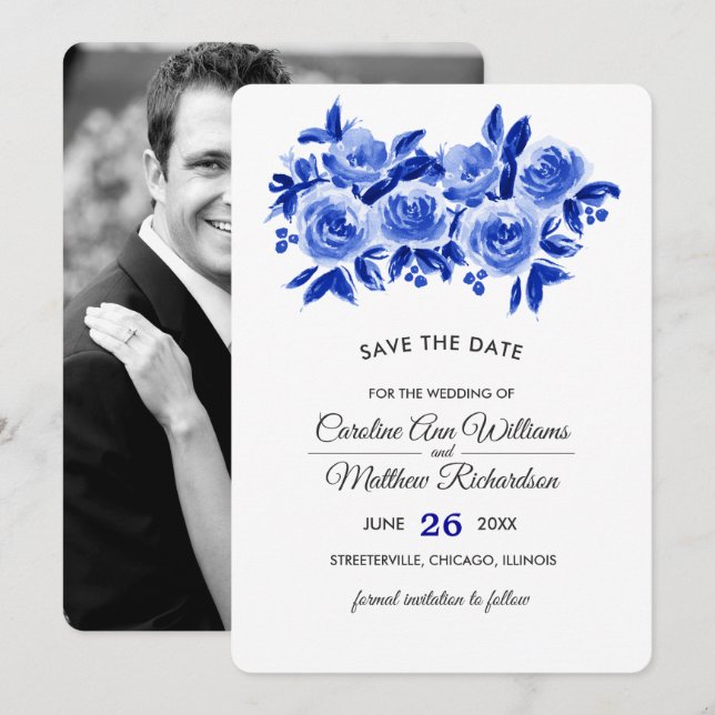 Enregistrer la date Royal Blue Floral Carte photo (Devant / Derrière)